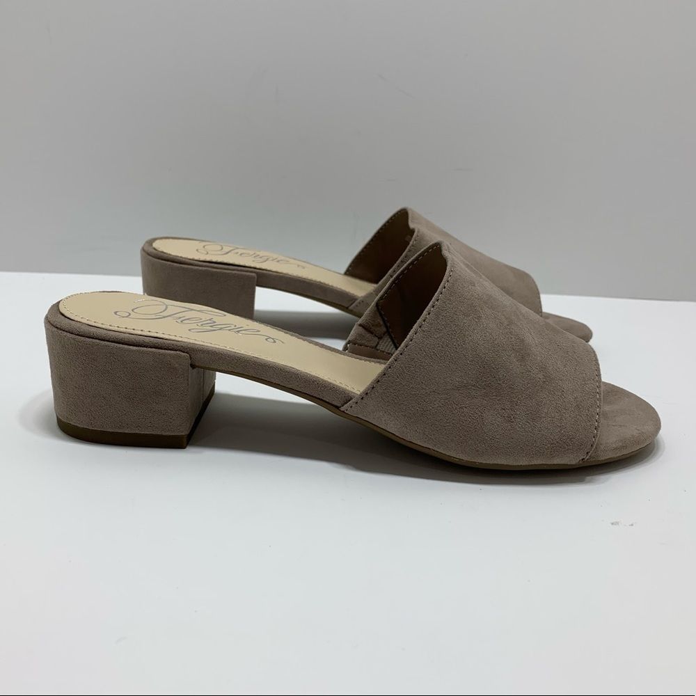 Fergie Jane Doe Mule Slip On Open Toe Taupe Fabric Shoe Sz 6